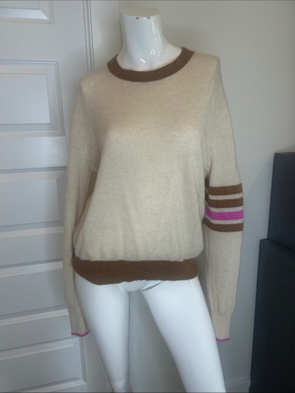Brodie Cashmere Cream Crewneck Sweater with Brown Trim and Pink Stripe